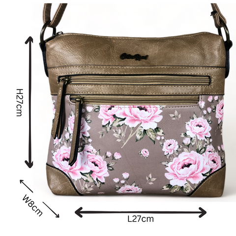 KHAKI Cotton Road PU Leather Sling Bag with FLORAL Panel