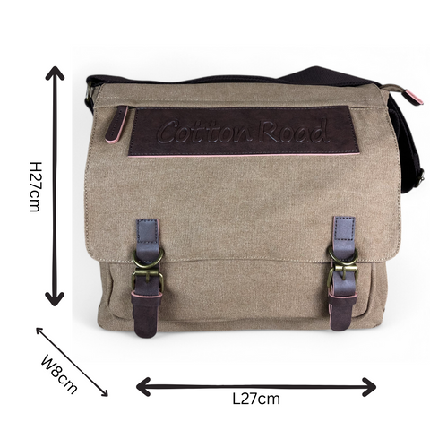 KHAKI BRANDED Cotton Road Canvas 15,6" Laptop Bag with BROWN PU Leather TRIM