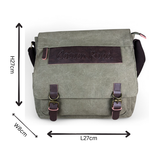 GREEN BRANDED Cotton Road Canvas 15,6" Laptop Bag with BROWN PU Leather TRIM