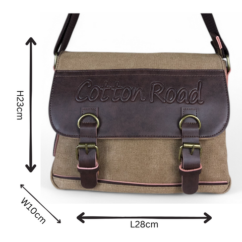 KHAKI BRANDED Canvas Cotton Road Sling Bag with BROWN PU Leather Trim