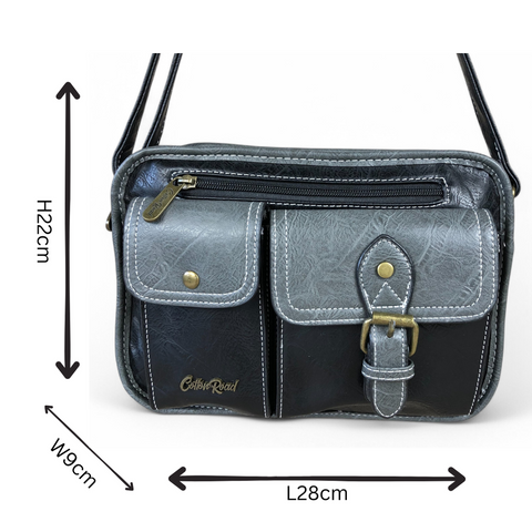 Cotton Road BLACK PU Leather Sling Bag with GREY Trim and Buckle detailing