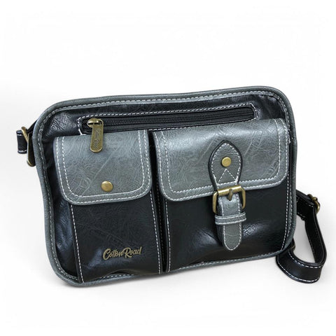 Cotton Road BLACK PU Leather Sling Bag with GREY Trim and Buckle detailing