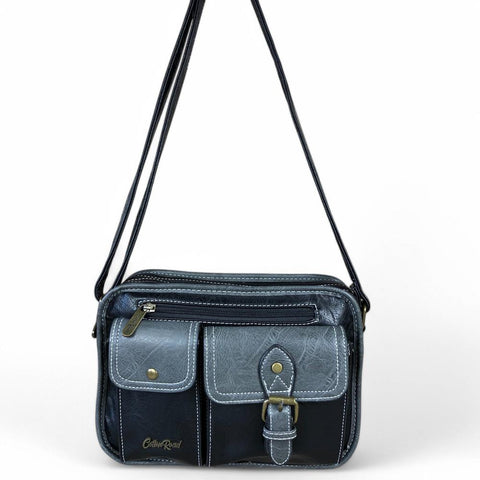 Cotton Road BLACK PU Leather Sling Bag with GREY Trim and Buckle detailing