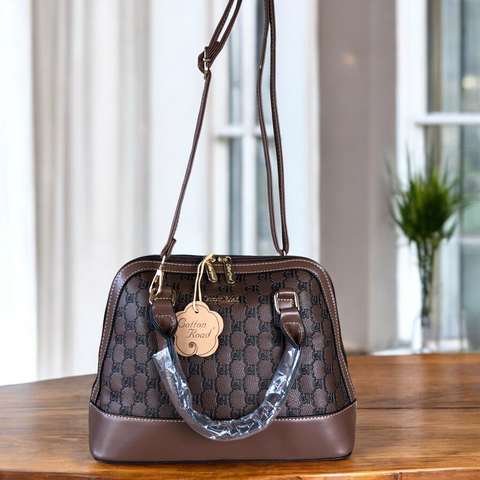 BROWN Patterned PU Leather Cotton Road Handbag