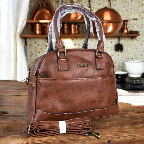 BROWN PU Leather Cotton Road Handbag