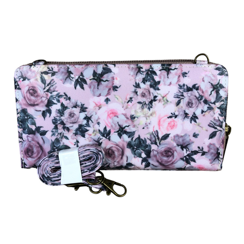 Large PINK PVC Cotton Road Cellphone Sling Wallet with Petite FLOWERS