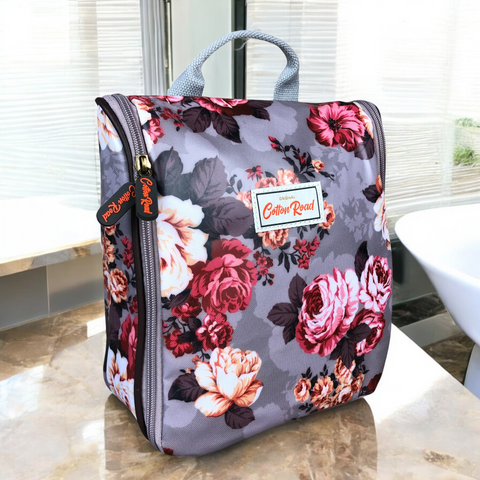 BROWN Cotton Road PVC Hanging Vanity Bag with FLOWERS