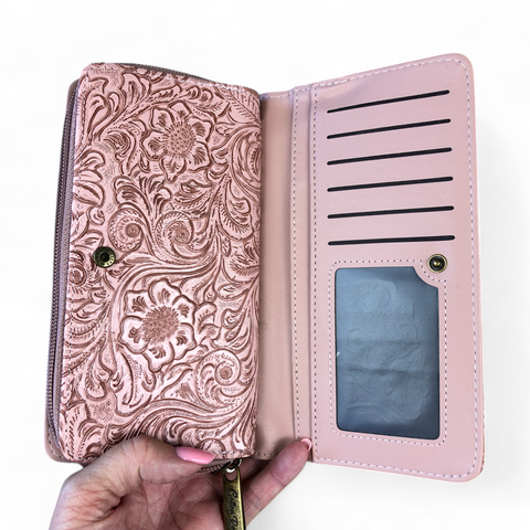 Large PINK PU Leather Cotton Road Wallet with EMBOSSED Pattern detailing