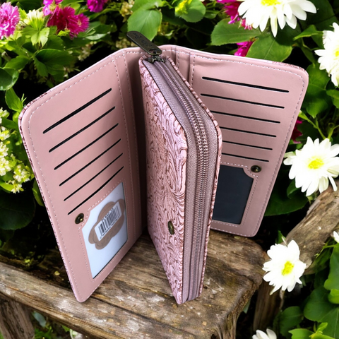 Large PINK PU Leather Cotton Road Wallet with EMBOSSED Pattern detailing