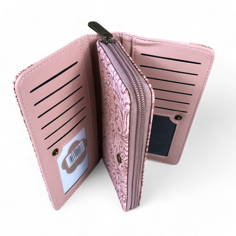 Large PINK PU Leather Cotton Road Wallet with EMBOSSED Pattern detailing