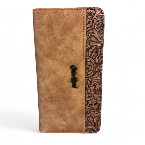 Large CAMEL BROWN PU Leather Cotton Road Wallet with EMBOSSED Pattern detailing