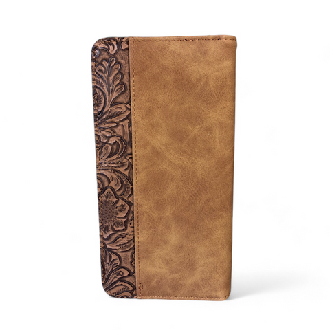 Large CAMEL BROWN PU Leather Cotton Road Wallet with EMBOSSED Pattern detailing