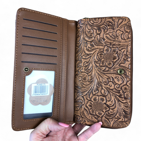 Large CAMEL BROWN PU Leather Cotton Road Wallet with EMBOSSED Pattern detailing