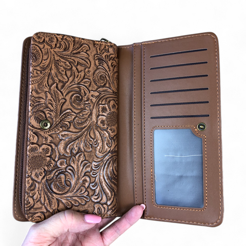 Large CAMEL BROWN PU Leather Cotton Road Wallet with EMBOSSED Pattern detailing