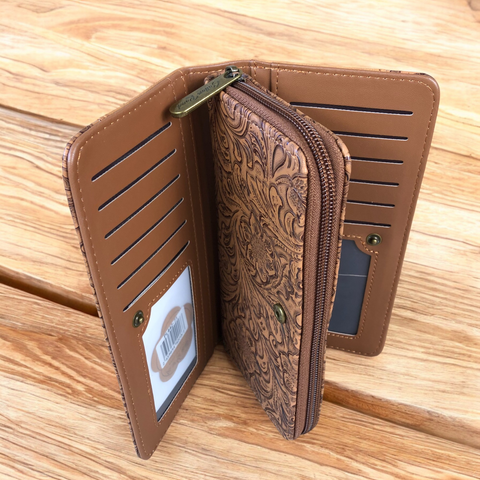 Large CAMEL BROWN PU Leather Cotton Road Wallet with EMBOSSED Pattern detailing