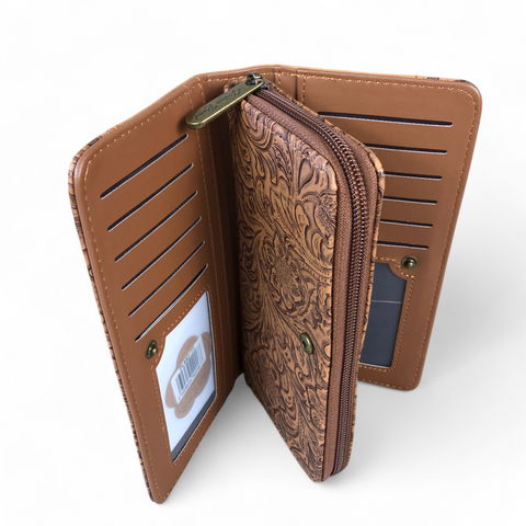 Large CAMEL BROWN PU Leather Cotton Road Wallet with EMBOSSED Pattern detailing