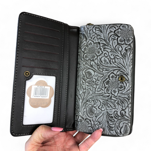 Large GREY PU Leather Cotton Road Wallet with EMBOSSED Pattern detailing