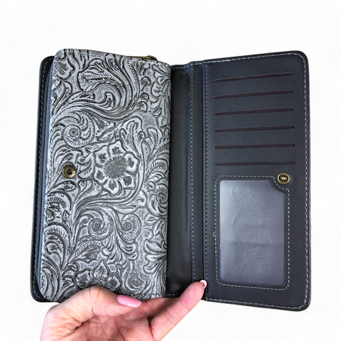 Large GREY PU Leather Cotton Road Wallet with EMBOSSED Pattern detailing