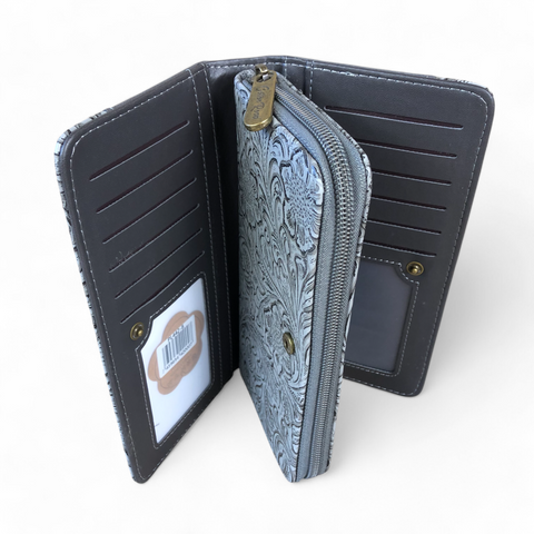 Large GREY PU Leather Cotton Road Wallet with EMBOSSED Pattern detailing