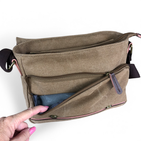 KHAKI BRANDED Canvas Cotton Road Sling Bag with BROWN PU Leather Trim