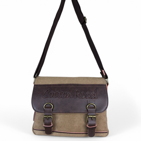 KHAKI BRANDED Canvas Cotton Road Sling Bag with BROWN PU Leather Trim