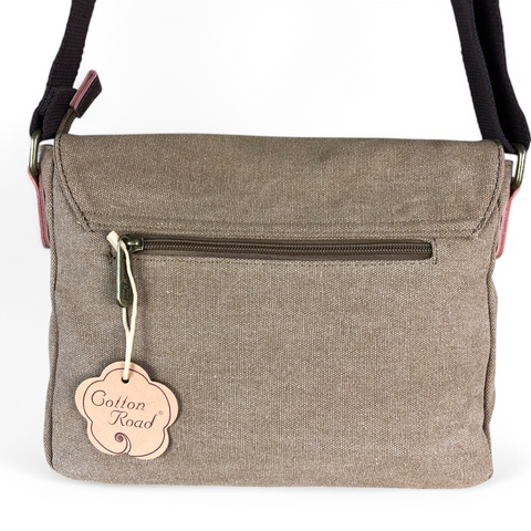 KHAKI BRANDED Canvas Cotton Road Sling Bag with BROWN PU Leather Trim