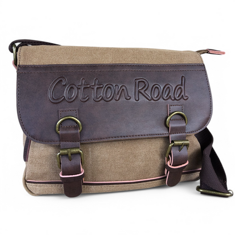 KHAKI BRANDED Canvas Cotton Road Sling Bag with BROWN PU Leather Trim