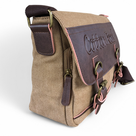 KHAKI BRANDED Canvas Cotton Road Sling Bag with BROWN PU Leather Trim