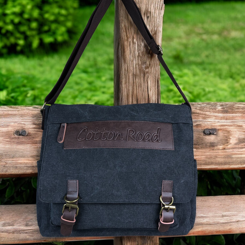 BLACK BRANDED Cotton Road Canvas 15,6" Laptop Bag with BROWN PU Leather TRIM