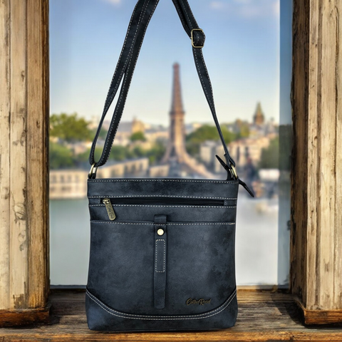 CHARCOAL BLACK Cotton Road PU Leather Sling Bag with STRAP detailing