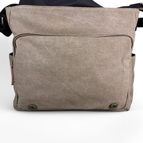 KHAKI BRANDED Cotton Road Canvas 15,6" Laptop Bag with BROWN PU Leather TRIM