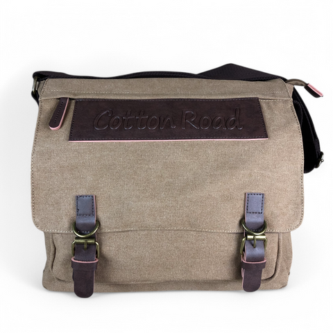 KHAKI BRANDED Cotton Road Canvas 15,6" Laptop Bag with BROWN PU Leather TRIM