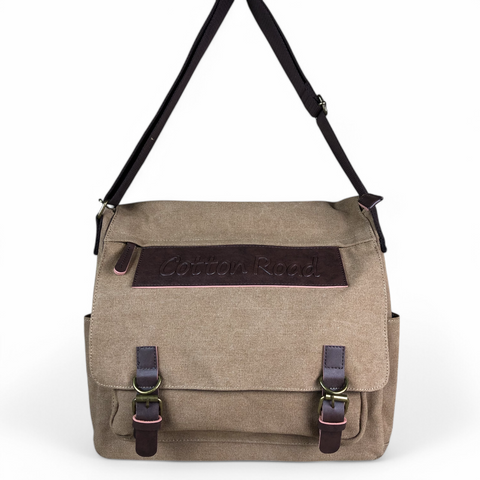 KHAKI BRANDED Cotton Road Canvas 15,6" Laptop Bag with BROWN PU Leather TRIM