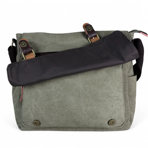 GREEN BRANDED Cotton Road Canvas 15,6" Laptop Bag with BROWN PU Leather TRIM