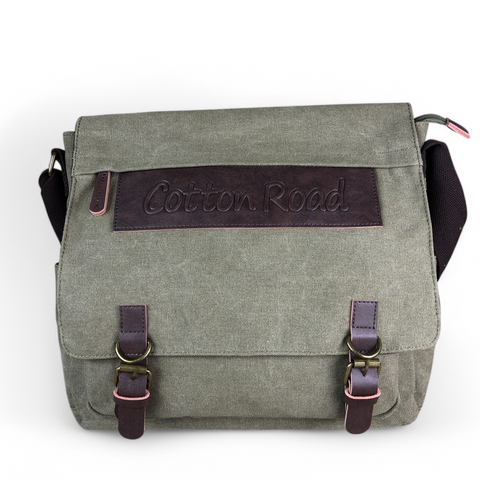 GREEN BRANDED Cotton Road Canvas 15,6" Laptop Bag with BROWN PU Leather TRIM