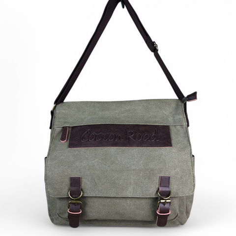 GREEN BRANDED Cotton Road Canvas 15,6" Laptop Bag with BROWN PU Leather TRIM