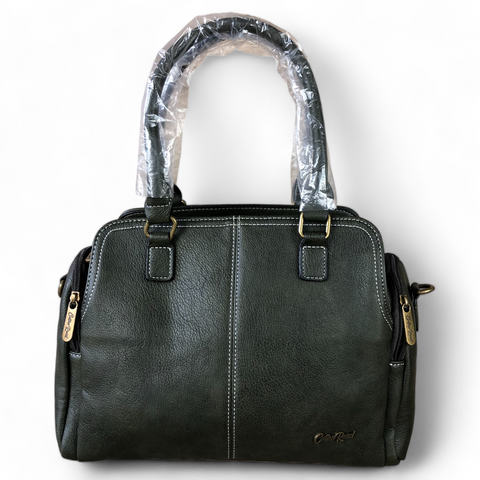 GREEN PU Leather Cotton Road Handbag with TOP STITCH