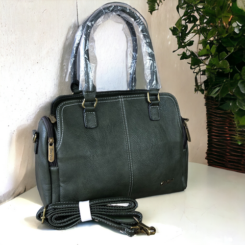 GREEN PU Leather Cotton Road Handbag with TOP STITCH