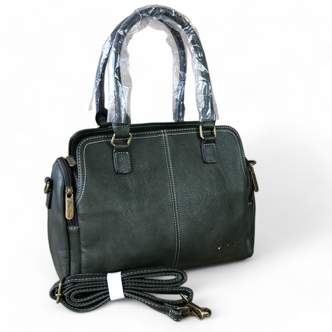 GREEN PU Leather Cotton Road Handbag with TOP STITCH