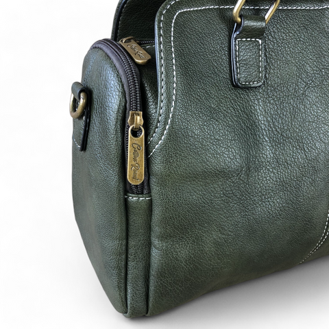 GREEN PU Leather Cotton Road Handbag with TOP STITCH