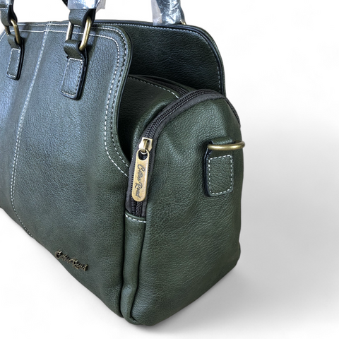 GREEN PU Leather Cotton Road Handbag with TOP STITCH