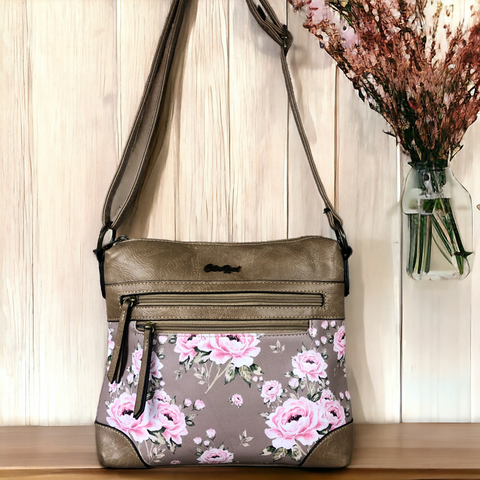 KHAKI Cotton Road PU Leather Sling Bag with FLORAL Panel