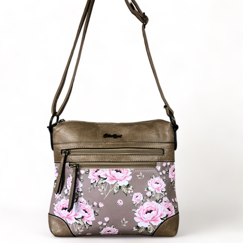 KHAKI Cotton Road PU Leather Sling Bag with FLORAL Panel