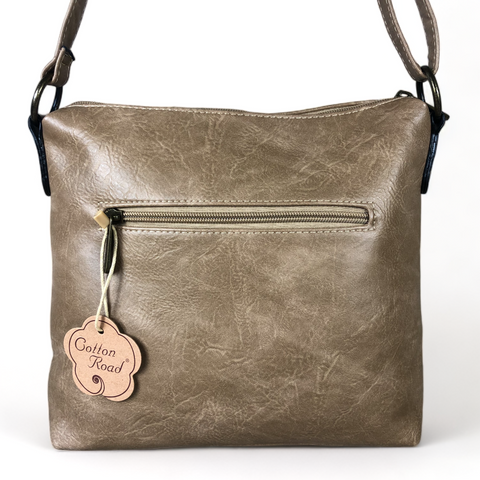 KHAKI Cotton Road PU Leather Sling Bag with FLORAL Panel