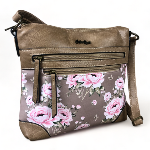 KHAKI Cotton Road PU Leather Sling Bag with FLORAL Panel