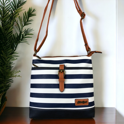 Cotton Road NAVY BLUE and WHITE PVC Sling Bag with STRIPES and TAN Strap detailing