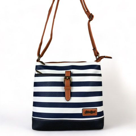 Cotton Road NAVY BLUE and WHITE PVC Sling Bag with STRIPES and TAN Strap detailing