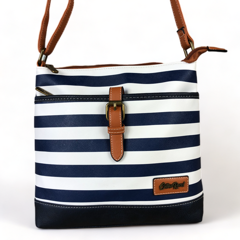 Cotton Road NAVY BLUE and WHITE PVC Sling Bag with STRIPES and TAN Strap detailing