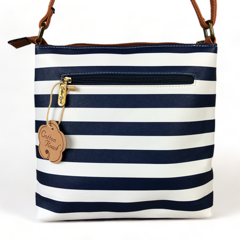 Cotton Road NAVY BLUE and WHITE PVC Sling Bag with STRIPES and TAN Strap detailing