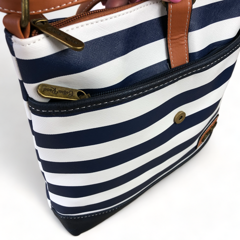 Cotton Road NAVY BLUE and WHITE PVC Sling Bag with STRIPES and TAN Strap detailing